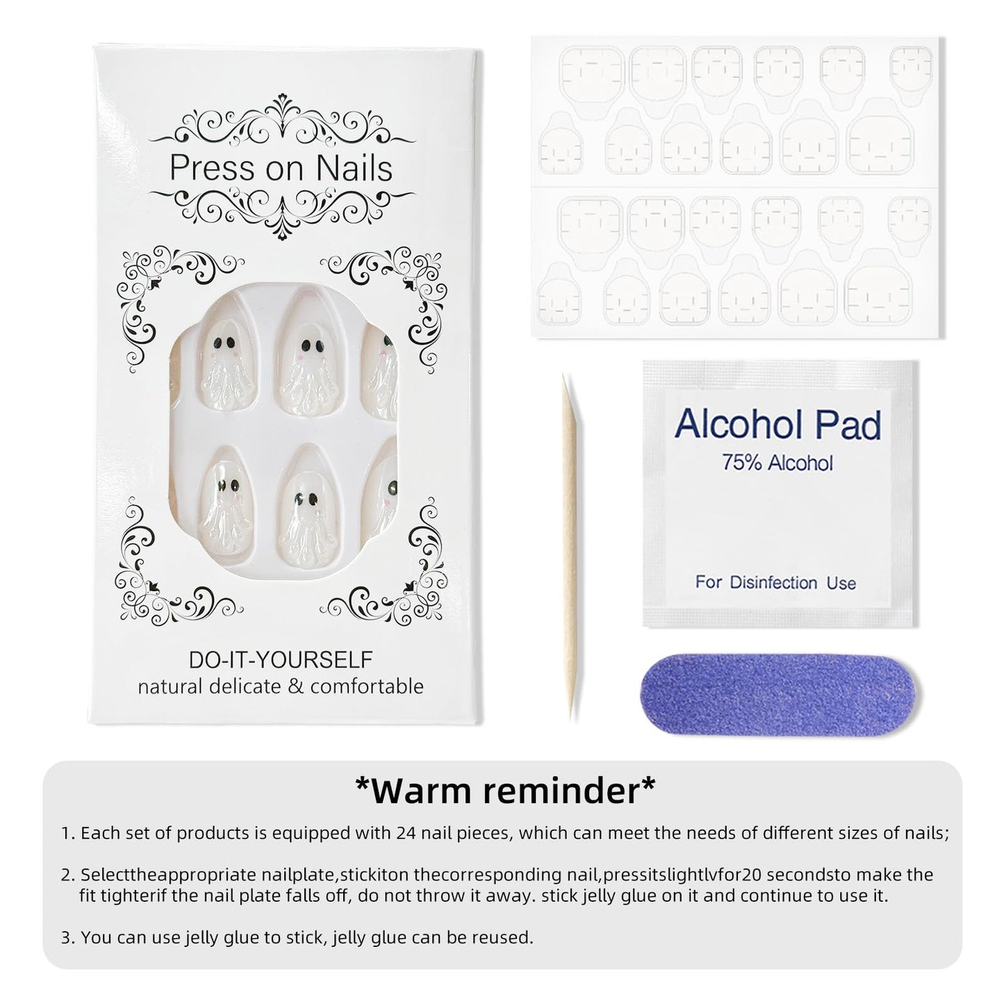 Halloween Press on Nails Glossy Chrome Fake Nails with White Little Ghost Design Medium Almond Shape Fake Nail Full Cover Acrylic False Nails Stick on Nail for Women DIY Art Manicuare 24 Pcs