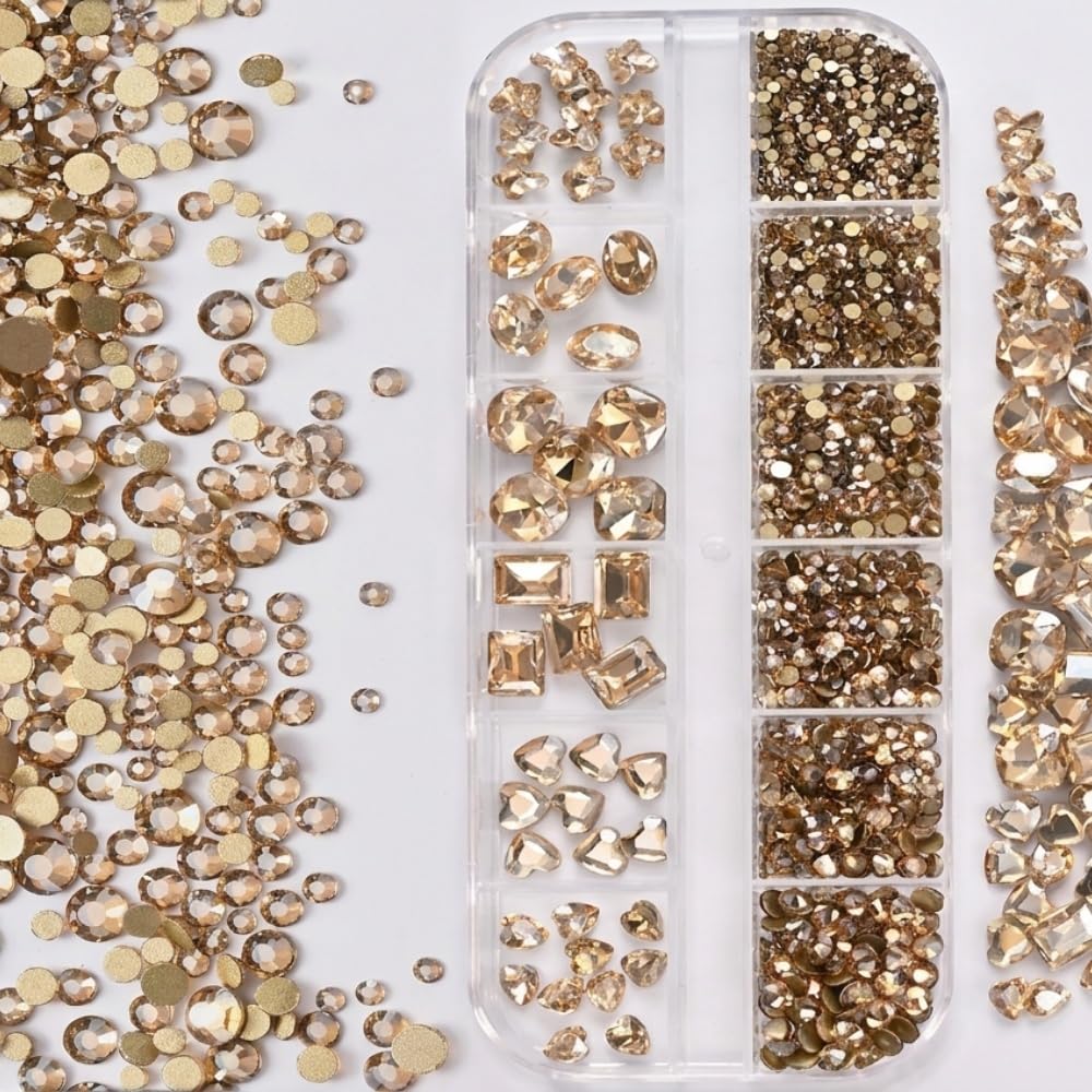 Gold Nail Charms Champagne Nail Gems 3D Clear Flatback Nail Jewels Multi Shape Size Diamonds Nail Rhinestones Shiny Mixed Size Round Hearts Crystals Gems for DIY Nails Faces Eyes Makeup Crafts 12Grid