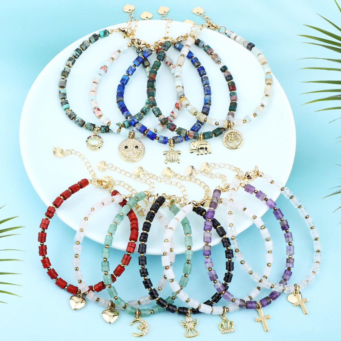 Natural Gemstone Healing Crystal Aventurine Dainty Charms Star and Moon Bracelet Adjustable Chain Extender Minimalist Jewelry