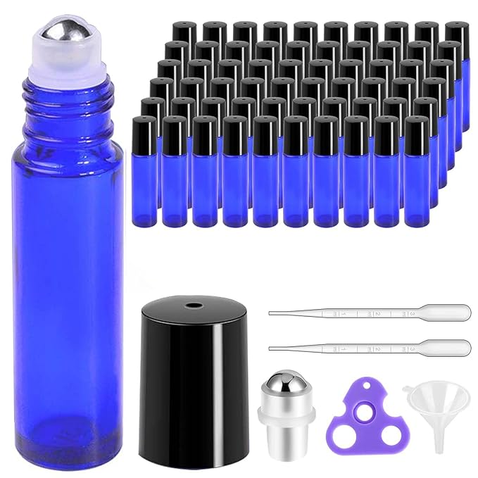 PrettyCare Roller Bottles For Oils 10 ml (Blue Glass, 60 Pack, 10 Extra Stainless Steel Balls, 72 Labels, 4 Opener, 4 Funnels Essential Oil Roller Bottles, Roller on Bottles
