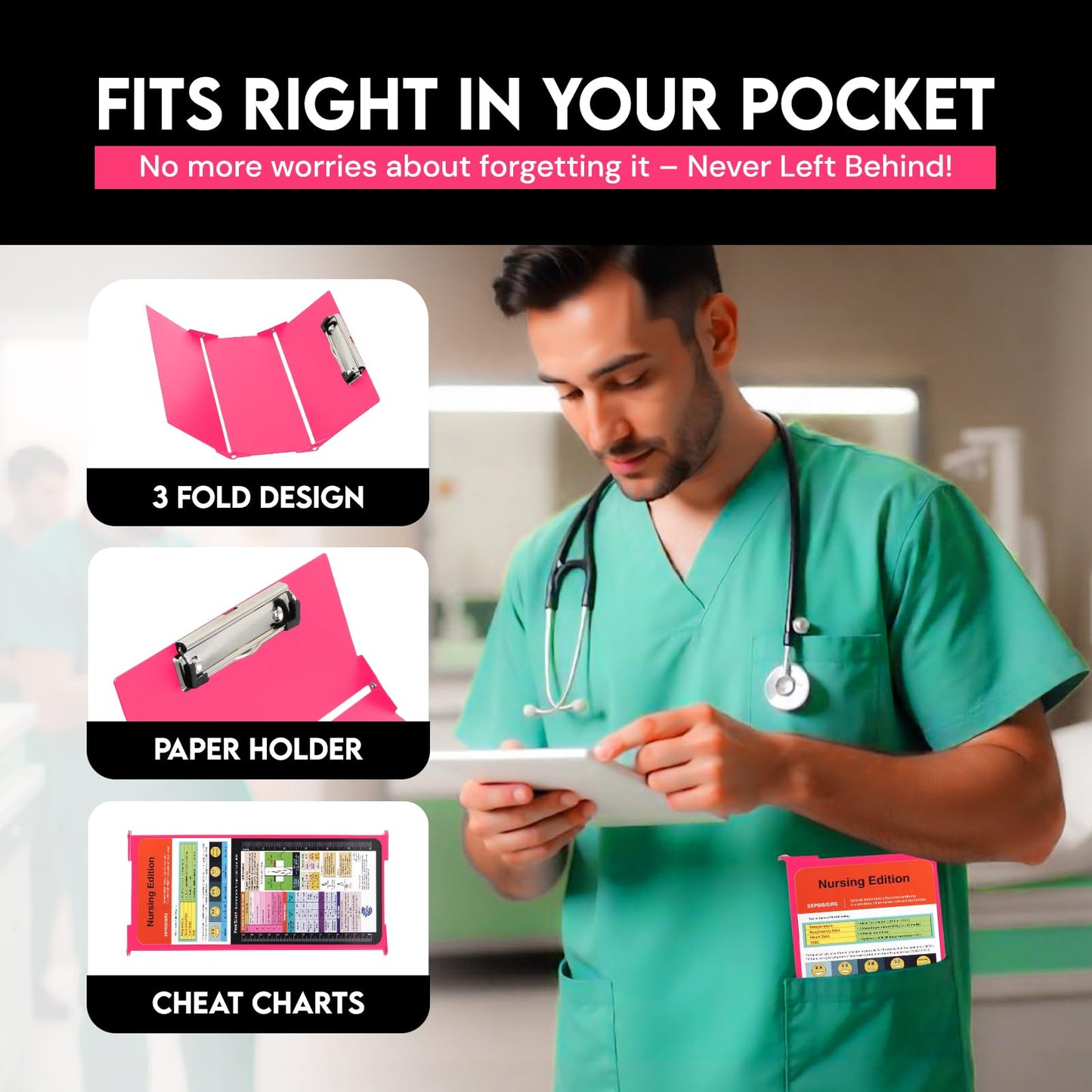 Nursing Clipboard Foldable with Medical Edition Cheat Sheets, 3 Layers Aluminum Foldable Clipboard for Nursing, Notepad for Students, Nursing School Essentials (Pink)