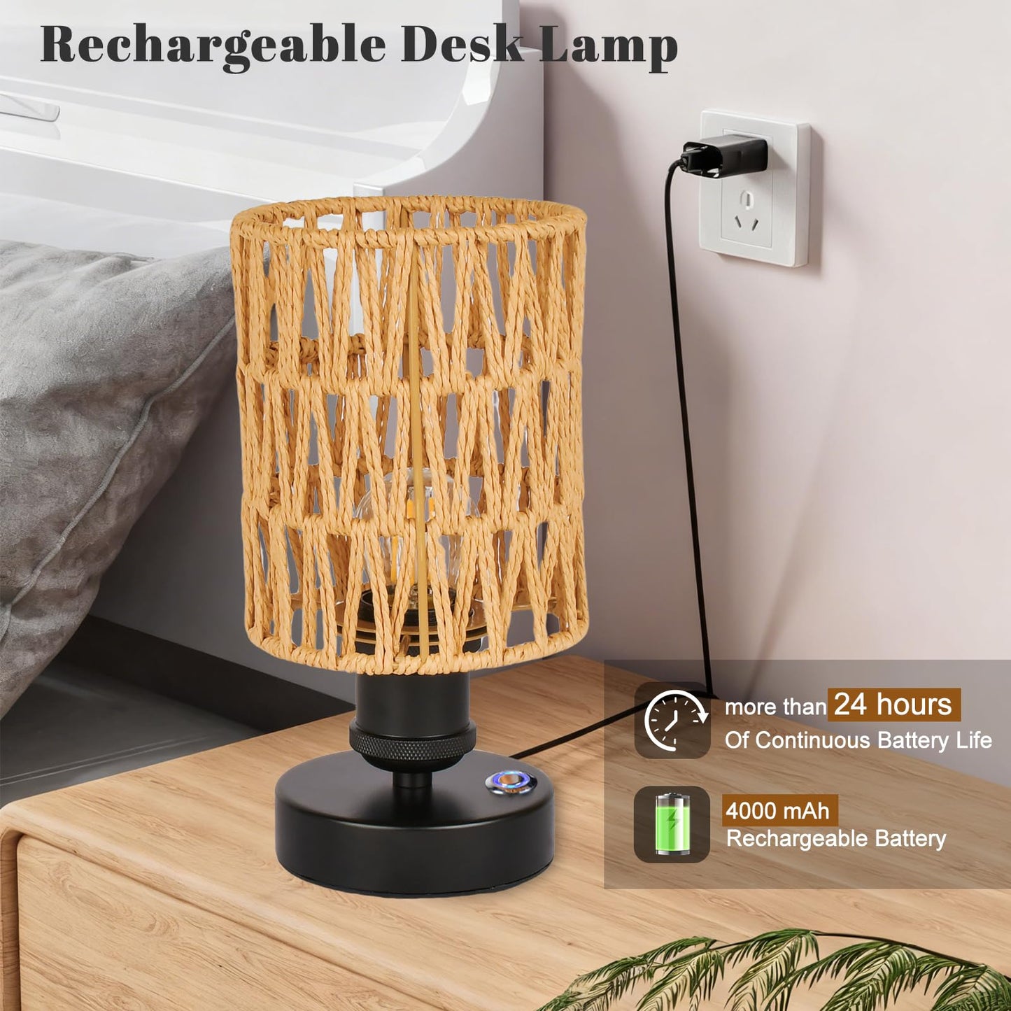 Wireless Table Lamp Charging Set—Beige, 4000mAh Rechargeable Table Lamp, Touch-sensitive Button Dimming, Ideal for Bedrooms, Bathrooms, and Dining Rooms, Includes Woven Lampshade and Warm Light Bulb