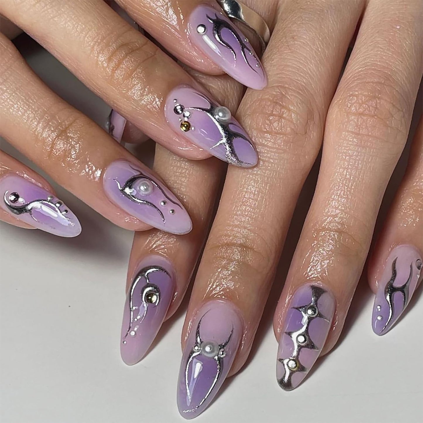 24 Pcs Purple Press on Almond Fake Nails - Pearl Designs, Glossy Full Cover Stick on Nails for Women