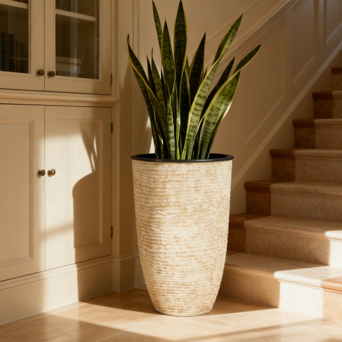 Worth Garden 21" H Beige Tall Planters set of 2 with Inside Pots - 14'' Dia Plastic Large Round Plant Tree Pots with Drain Hole - Decorative Imitation Stone Finish for Indoor Outdoor Front Porch Patio