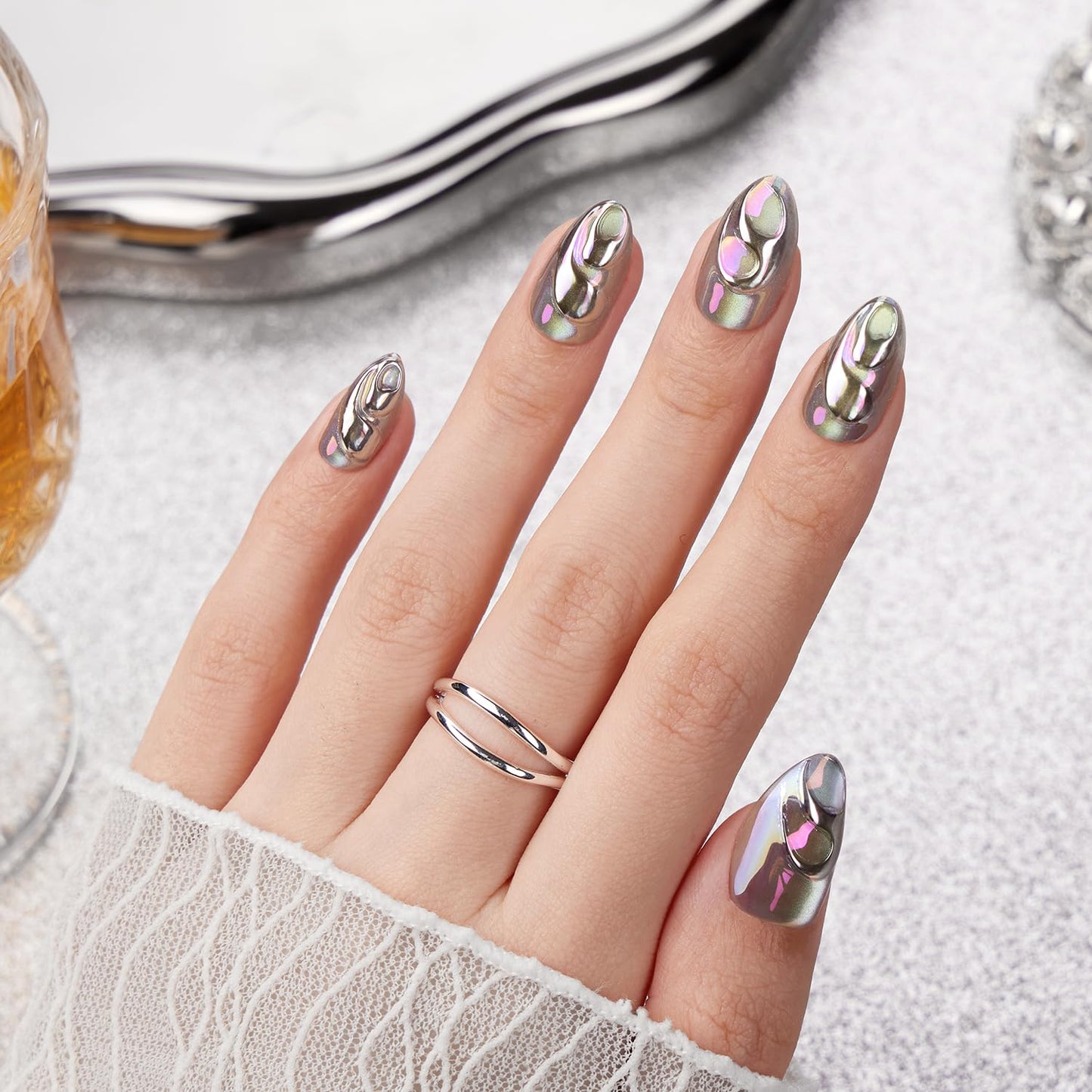 VSALON Press on Nails Short Almond - Chrome Silver Cat Eye 3D Swirl Design Fake Nails Kit for Women, Reusable Salon Quality Spring Summer Glue on Nails - 32 PCS Stick on Nails in 16 Sizes with Glue