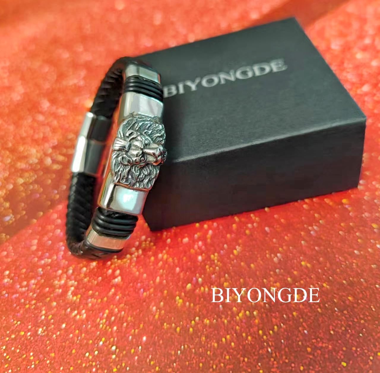 BIYONGDE Mens Womens Black Braided Leather Bracelet, Vintage Stainless Steel King Lion Head ID Identification