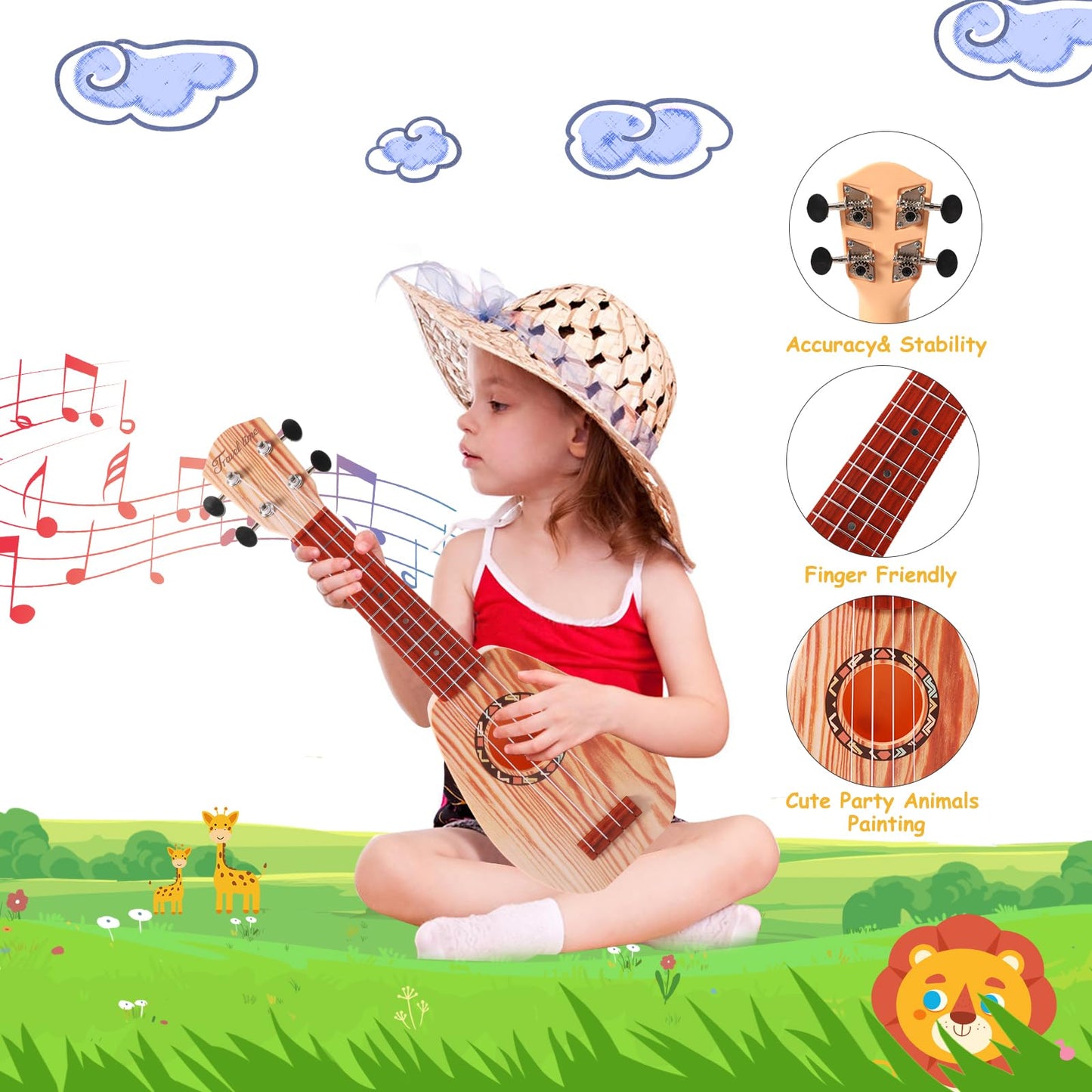 YOLOPARK 17" Kids Toy Guitar for Girls Boys, Mini Toddler Ukulele Guitar with 4 Strings Keep Tones Can Play for 3, 4, 5, 6 7 Year Old Kids Musical Instruments Educational Toys for Beginner (Wood)