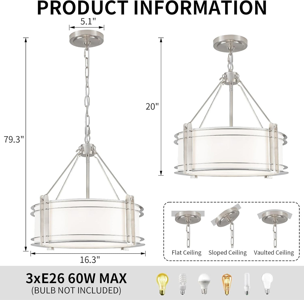 16.3''Drum Chandelier 3-Light Brushed Nickel Modern White Fabric Chandeliers Adjustable Drum Pendant Light for Dining Room Kitchen Island Hallway Living Bedroom