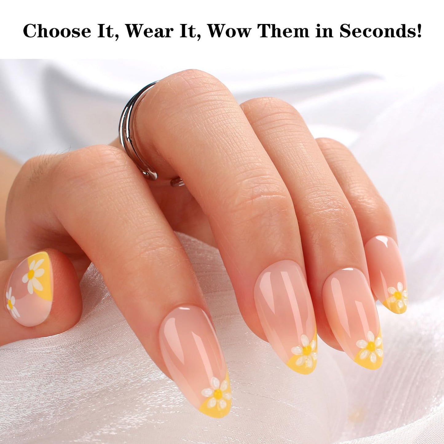 Yellow French Tip Press-On Nails with White Daisy Design, Almond Shape, Glossy Reusable Fake Nails, 24Pcs Full Cover Manicure Set