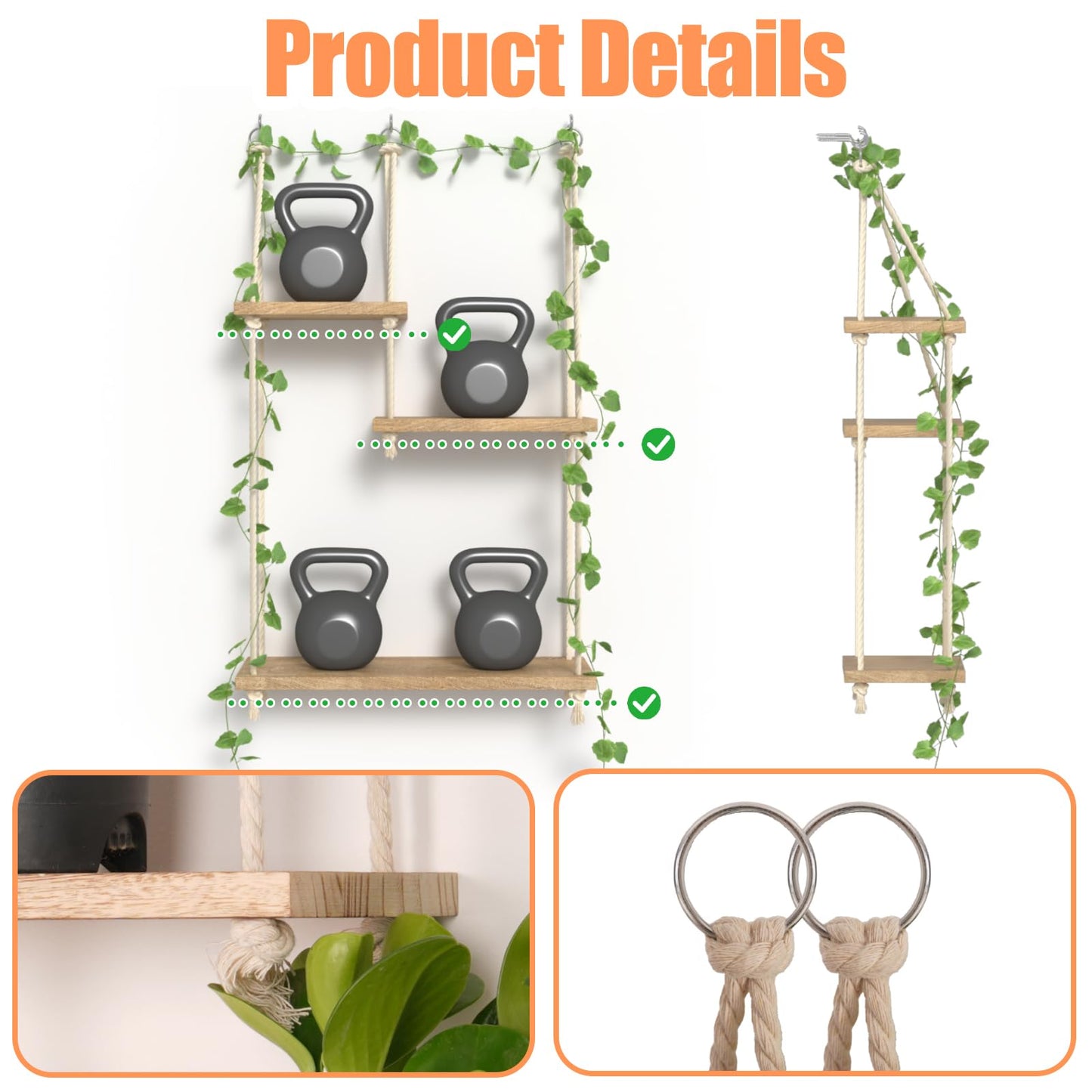 Hanging Shelves for Wall with Vine Lights 3 Tier Boho Wall Shelf Macrame Floating Shelves Rope Rustic Wood Organizer Storage Hanger Rack Decor Aesthetic for Succulents Kitchen Bedroom Bathroom