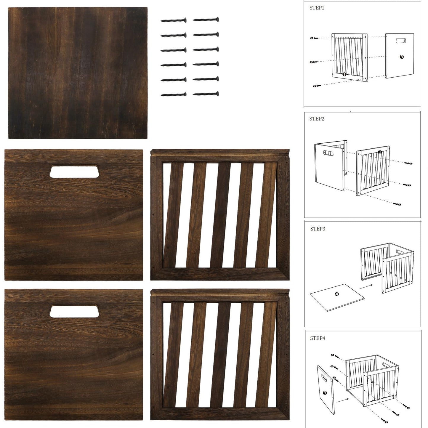yarlung Wood Storage Bin Cube Wood Crate with Handles, Rustic Brown Decorative Box, Stackable Shelf Basket Books Organizer for Closet, Bookcase, 12"x12"x11", Easy Assembly
