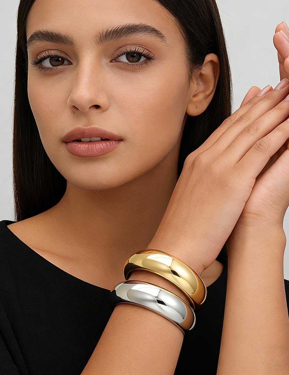 Chunky Gold Bangle Bracelets for Women, Dainty 14k Gold Plated Big Stackable Bangles Set, Trendy Statement Cuff Bracelet Stack Fashion Jewelry Gifts (2 Silver & gold chunky bangles)