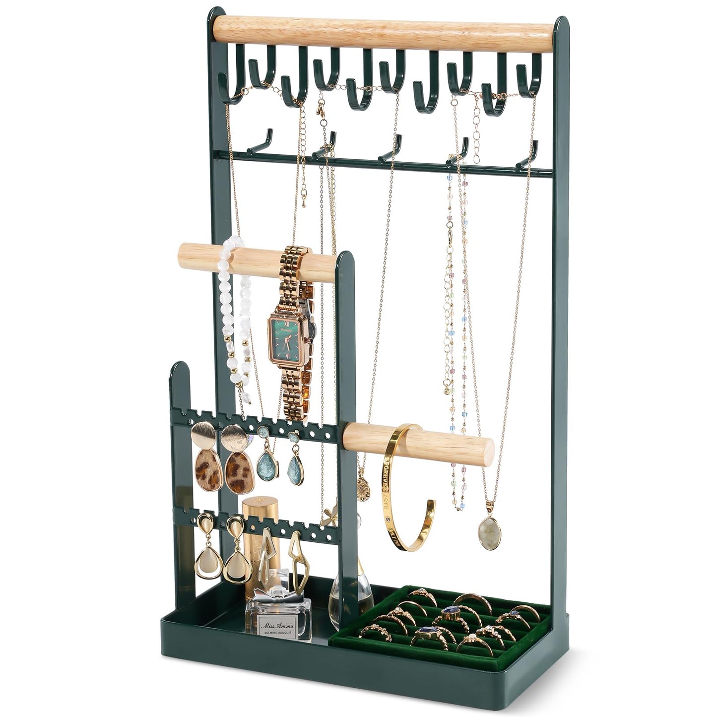 ProCase Jewelry Stand Holder Organizer, 5-Tier Necklace Holder with Ring Tray, 15 Hooks Necklaces Hanging Small Jewelry Display Storage Tower Tree for Bracelets Earrings Watches -Large, Green