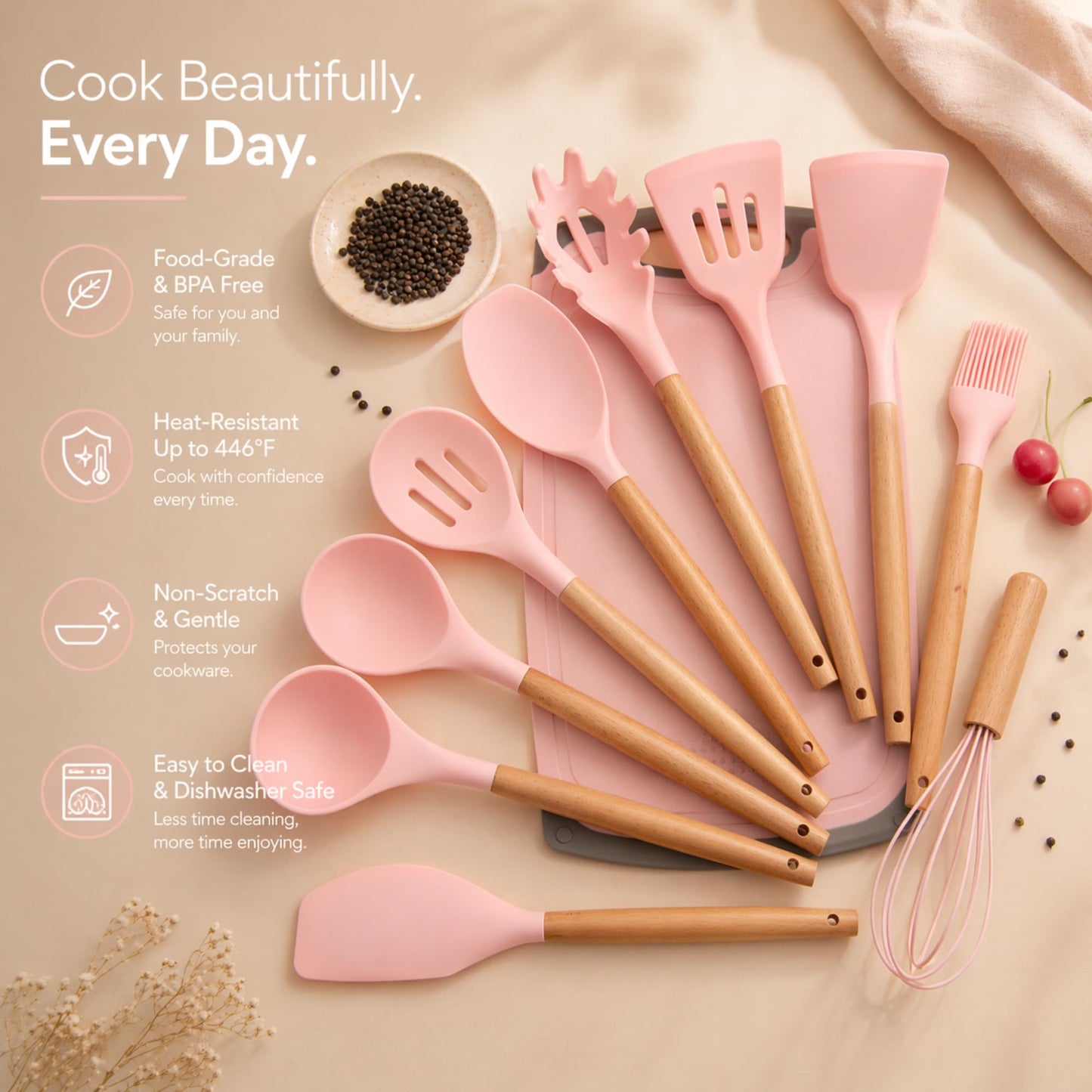 19-Piece Pink Kitchen Set for First Apartment - Complete Silicone Cooking Utensils with Wooden Handles, Pink Knife Set, Cutting Board & Holder - All-in-One Kitchen Starter Kit for New Home, BPA-Free