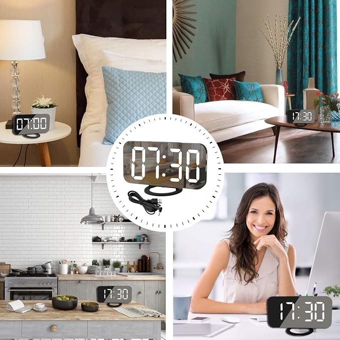 SZELAM Digital Clock Large Display, LED Alarm Electric Clocks Mirror Surface for Makeup with Diming Mode, 3 Levels Brightness, Dual USB Ports Modern Decoration for Home Bedroom Decor-Black