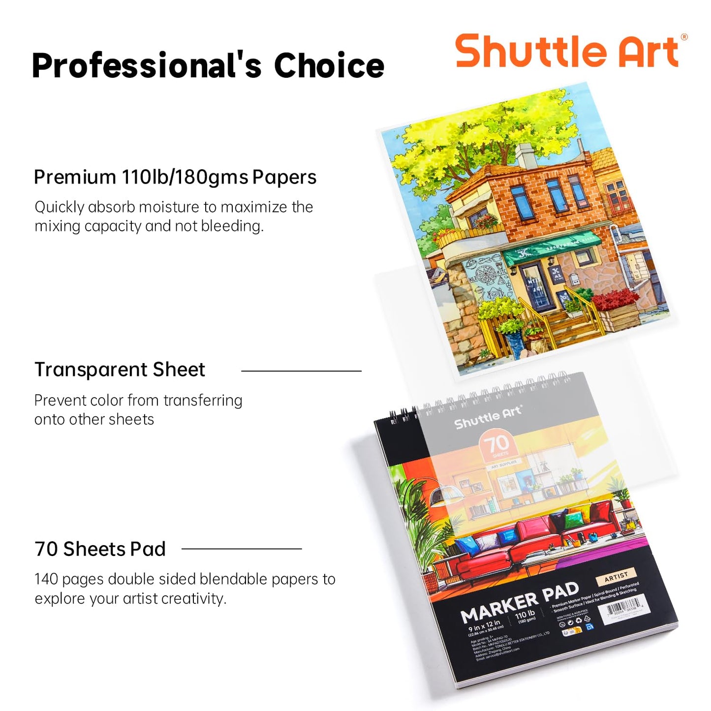 Shuttle Art Marker Pad, 12”x9” Portable Sketchbook, 70 Sheets Marker Drawing Paper, 110LB/180GSM Smooth Surface Bleedproof Art Paper, Spiral-Bound, Great for Artists to Draw, Paint & Sketch