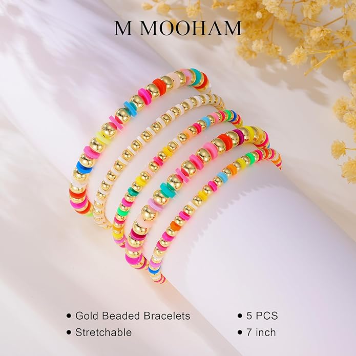 M MOOHAM Gold Beaded Bracelets for Women - 14k Real Gold Plated Beaded Pearl Bracelet Set Stack for Women Trendy Non Tarnisn, Adjustable Stretch Bracelet Jewelry Gifts for Teen Girls Women