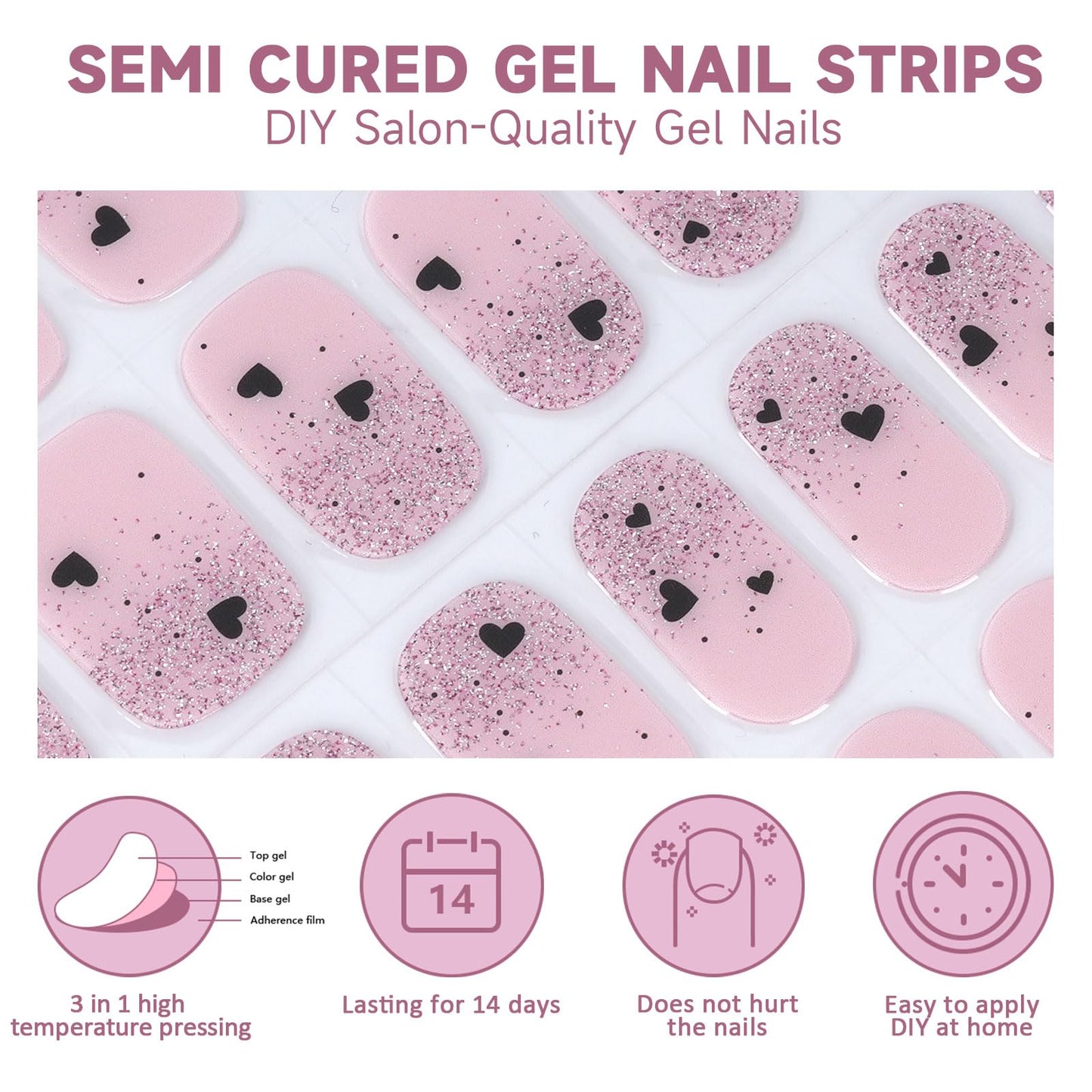 DUKASOU Semi Cured Gel Nail Strips,28 Pcs Heart Gel Nail Stickers/Wraps,Long Lasting Polish Stickers UV Light Requried,Easy to Apply for Dating,Wedding,Holiday