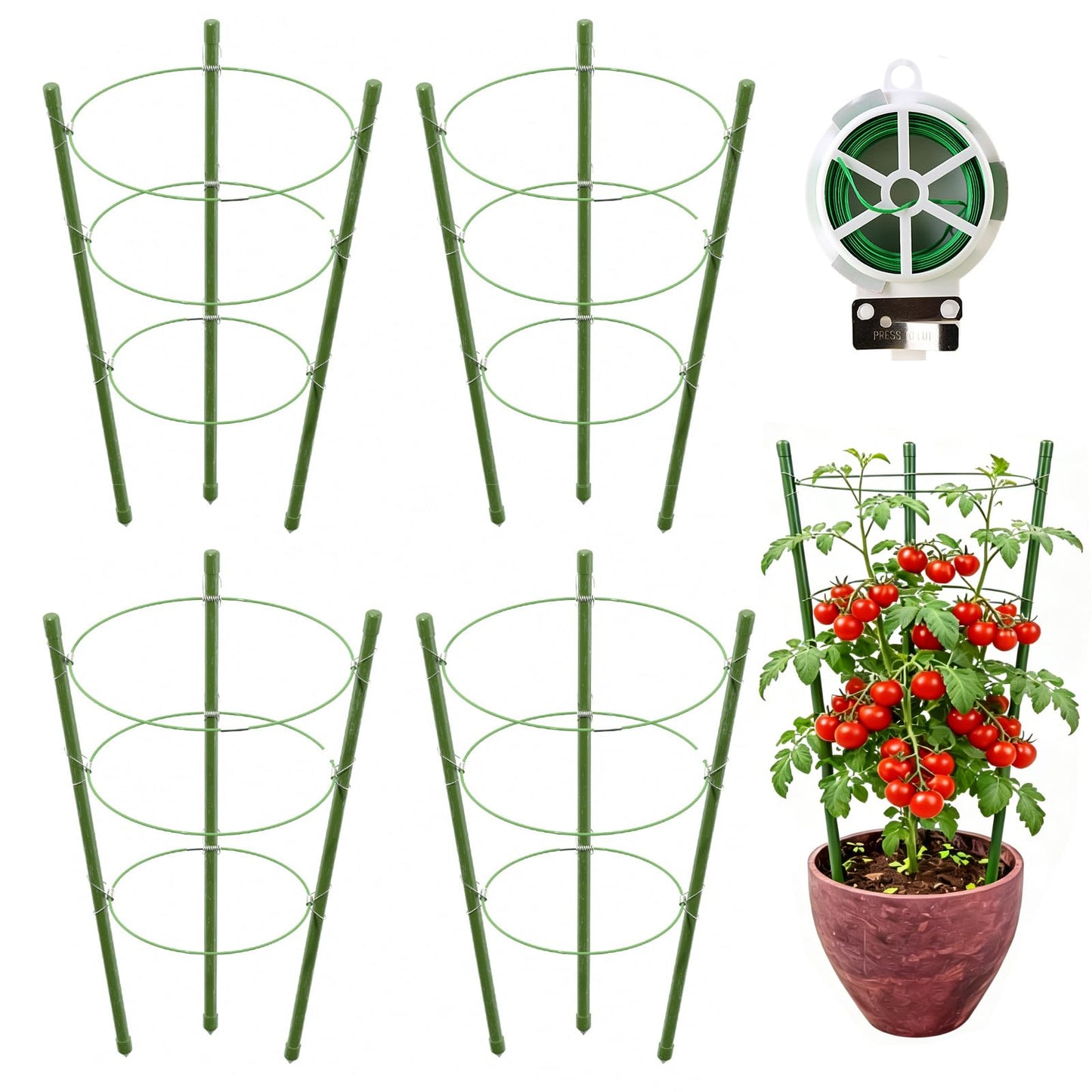JCKHXG 4 Pack Tomato Cage, 18 inches Plant Support Cages for Garden, Upgrade Garden Plant Stakes with Adjustable Rings, Plants Trellis for Tomato, Flower, Climbing Plants, with Twist Tie