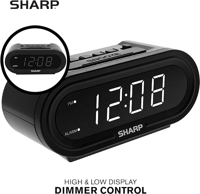 Sharp AccuSet Self-Setting Alarm Clock with White LED, Midnight Black
