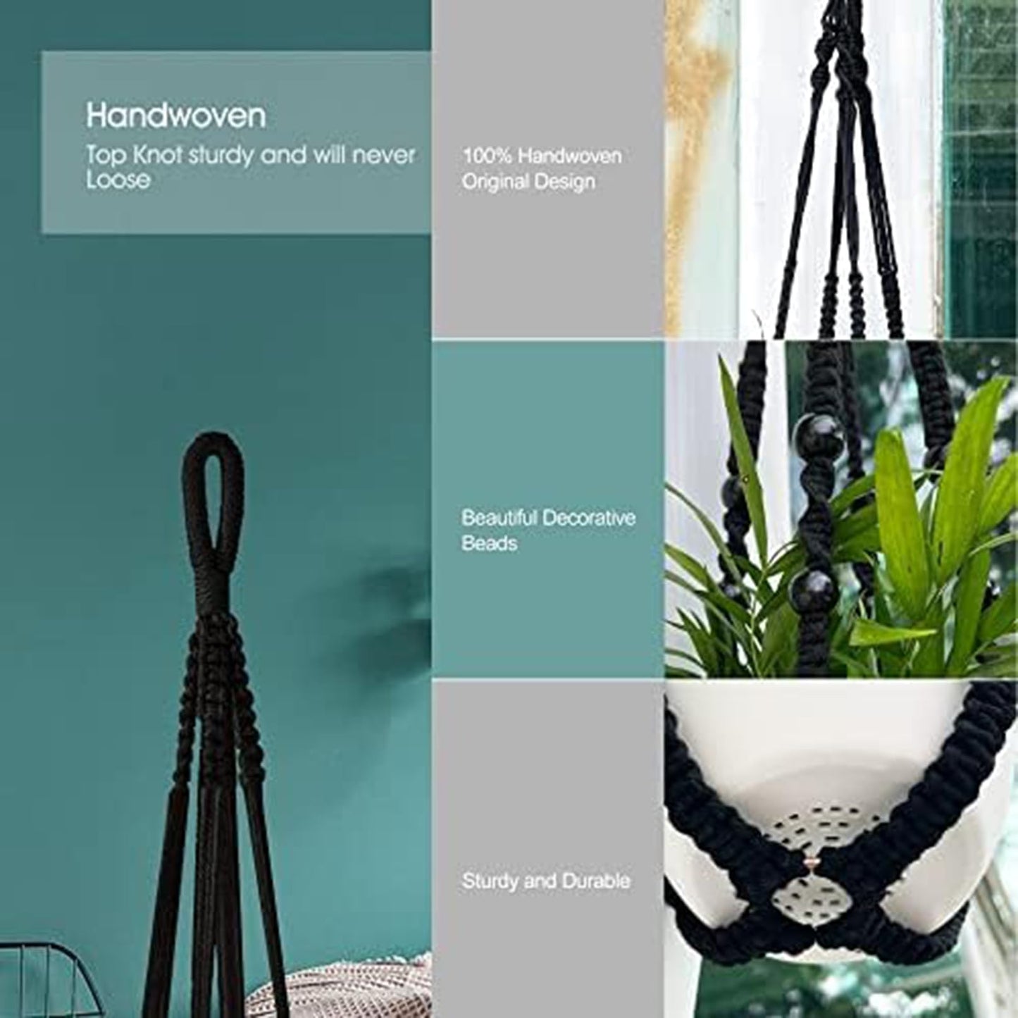 AKEIE Macrame Plant Hanger 3 Pack Indoor & Outdoor Wall Hanging Planter + 3 Hooks Hanging Planters Basket Cotton Rope 35 Inch with Beaded and Non-Tassel Planter Durable(Black)