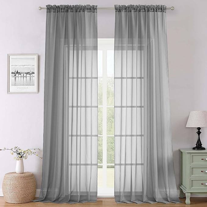 Lecloud Charcoal Grey Sheer Curtains 108 Inches Long 2 Pcs, Airy Light Filtering Farmhouse Curtains for Bedroom, Dual Rod Pocket Solid Color Living Room Decor Drapes, Each Panel 59" W x 108" L
