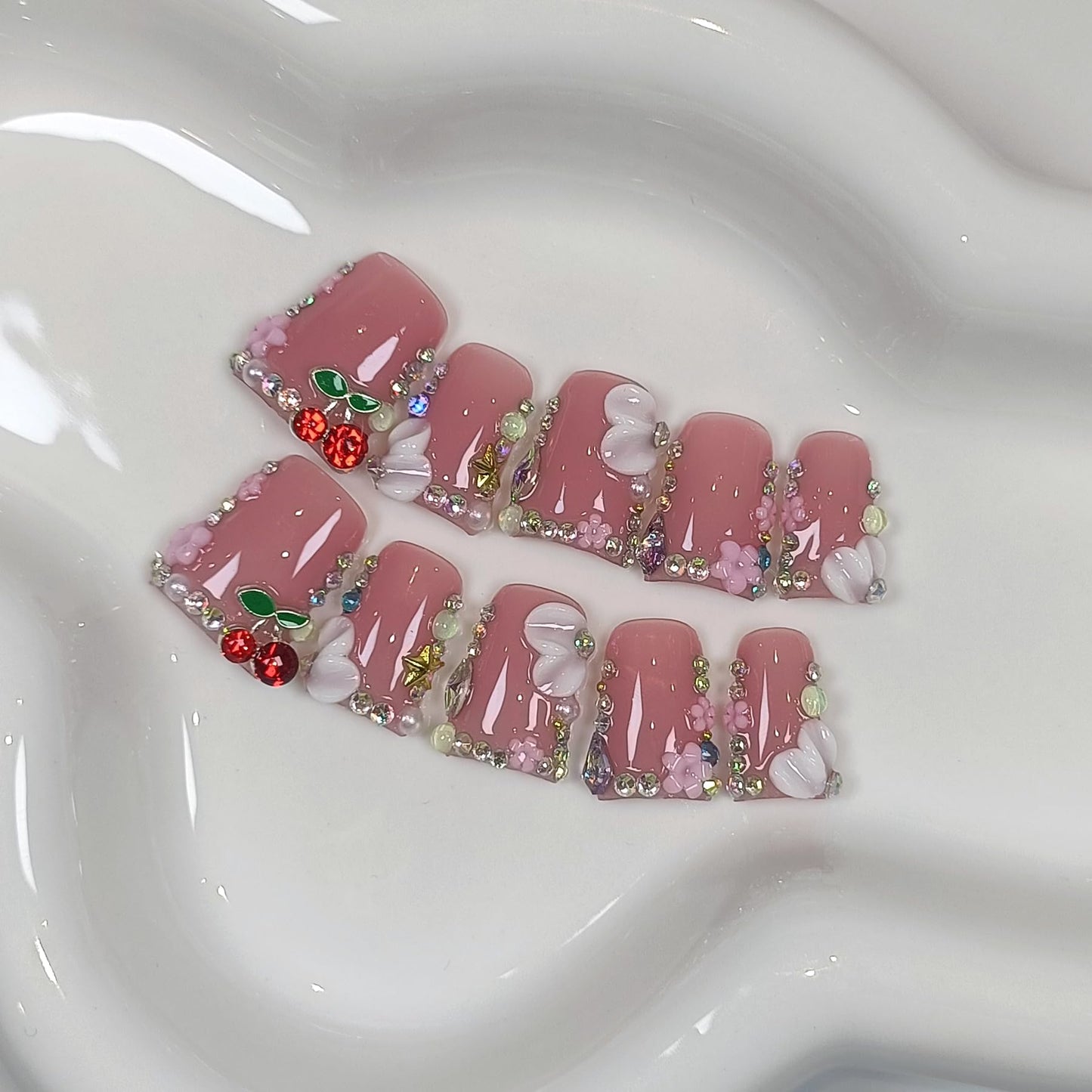 TENPAL Duckbill Shape Press on Nails with Kit,3D Floral Carving Cherry Blush Pink Fake Nails with Tools,Sparkling Icy French Tips False Nails with Rhinestone,Sweet Glazed Artificial Duckbill Nails(S)