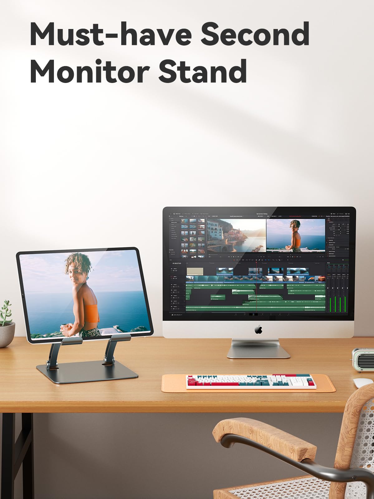 tounee Tablet Holder Stand, Dual Rod Adjustable Aluminum Desktop Stand, Compatible with 4.7-16.9" iPads, Surface Tablets, Portable Monitors, Kindle & More (Gray)