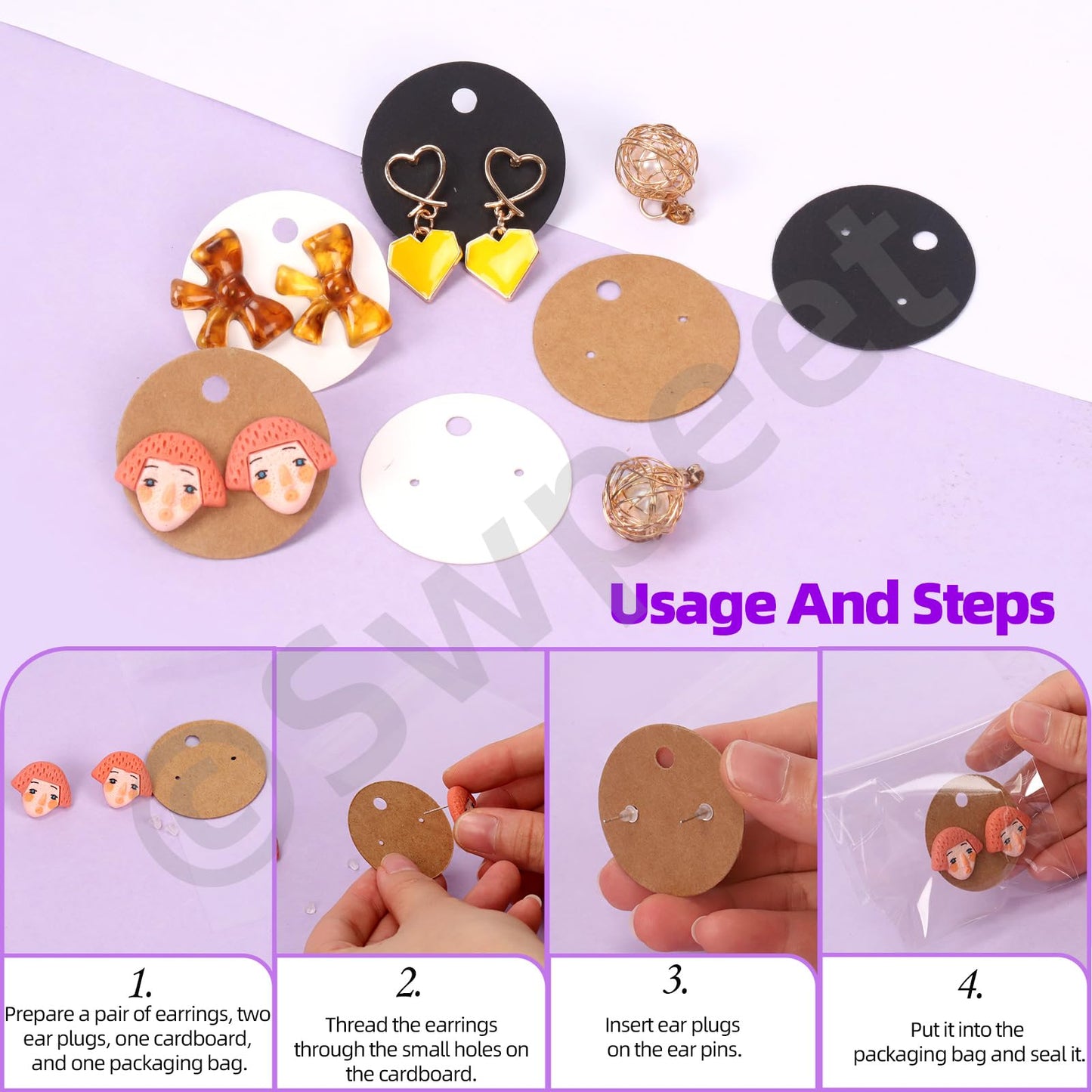 Swpeet 800Pcs 3 Colors Earring Display Cards Assorment Kit, 4CM-1.6 Inch Round Kraft Paper White Black Earring Holder Cards with Earring Backs and Self-Seal Bags for Ear Studs and Earrings Display