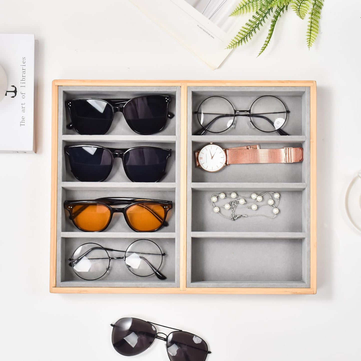 Lunavita Natural Bamboo Velvet Lining Glasses Eyeglass Eyewear Sun glasses Sunglasses Box Storage Case Tray Display Showcase Organizer Box (8 Grids)