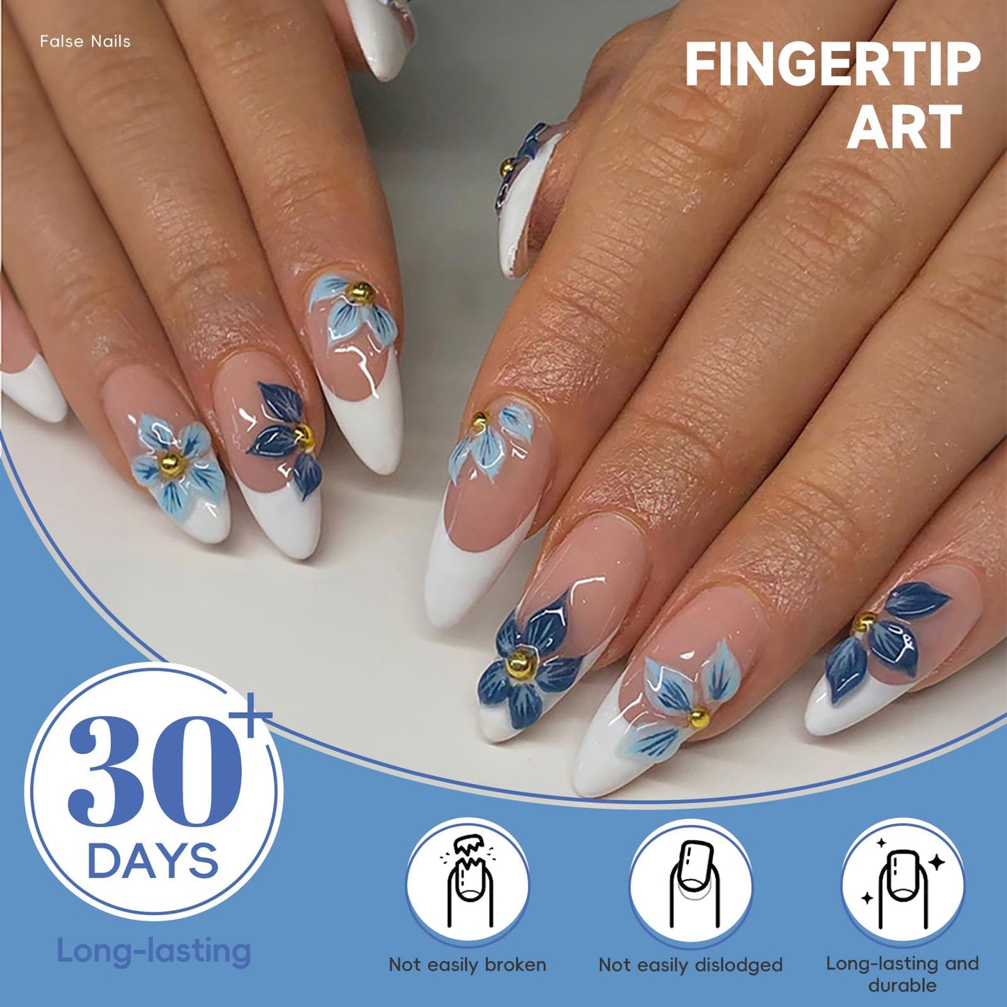HOSAILY 3D Flower Press on Nails Medium Almond, Natural Nude Blue White French Tip Daily Press ons for Women, 24pcs Glossy Pretty Reusable Semi-Homemade Soft Gel Full Cover Stick on Fake Acrylic Nail