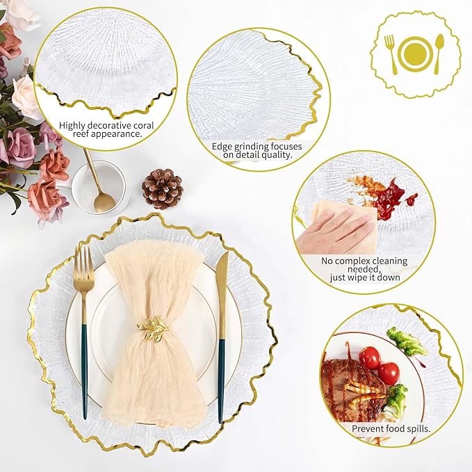 Pesonlook 24Pcs Gold Charger Plates Round 13inch, Clear with Gold Rim, Reef Charger Plate for Dinner, Bulk Plastic Floral Table Plates for Dinner Wedding Party Event