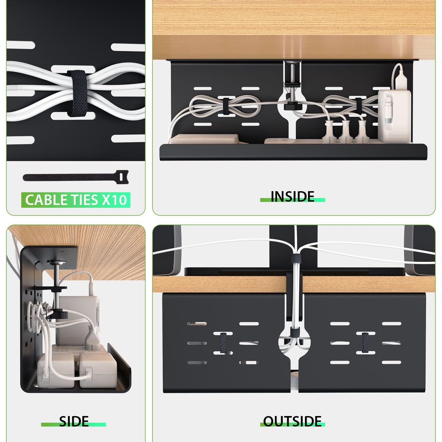 KEEGH 16" Under Desk Cable Management Tray, 2 Pack Desk Cord Organizer Upgrade Capacity, No Drill Clamp/Screws Mount, Cord Management Tray for Home Office, Gaming Desk, Standing Desk, Black