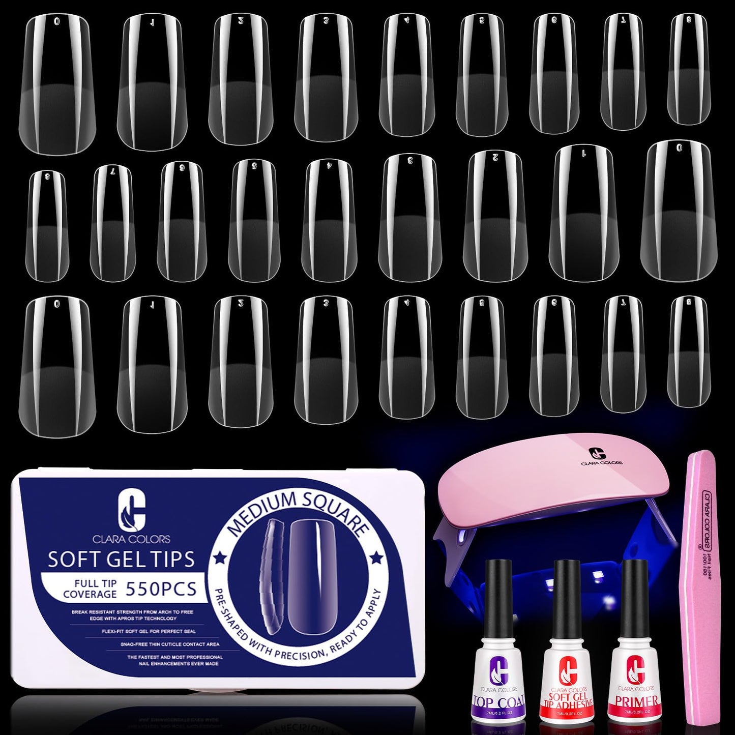 Clara Colors Nail Tips and Glue Gel Kit,550Pcs Full Cover Soft Gel Fake Nails Tips and Nail Glue Kit with LED Nail Lamp,Medium Square Artificial False Nails Tips for Acrylic Nail