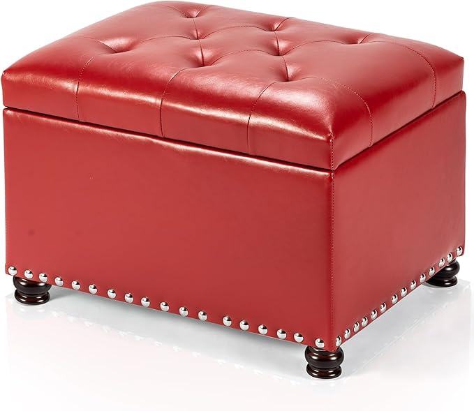 Joveco Leather Storage Ottoman, 24" Rectangle Square Bench Foot Rest Stool for Bedroom Living Room, Red