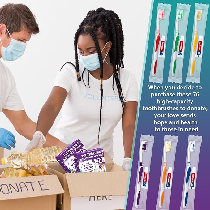 Disposable Toothbrush with Toothpaste 76 PCS, Travel Toothbrush and Toothpaste Bulk Set, Soft Bristle Individually Wrapped Toothbrushes Bulk for Kids, Adult. Suitable for Hotel, Travel, Home, Donated