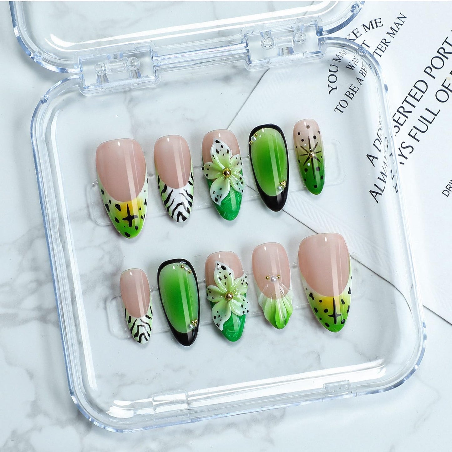 10 Pcs Handmade Press on Nails Medium Thick Fake Nails Green Almond False Nails with 3D Flower Design Luxury Hand-Painted Nails Unique Acrylic Nails Press ons Reusable Glue-Free Nails for Women (S)