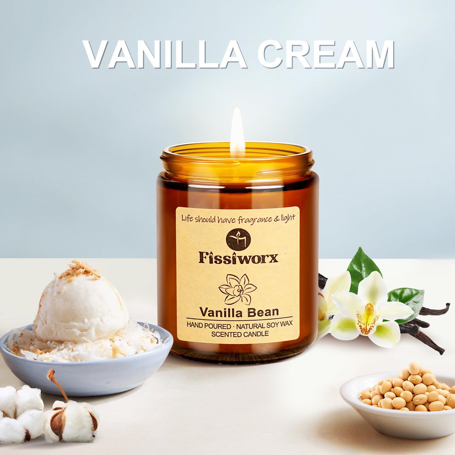 Fissiworx Vanilla Scented Candle Set 2 Pack, Candle for Home Scented, Odor Eliminating, Stress Relief, 15oz, 110 Hours Long Lasting Candles, Soy Candle Gift Set for Women