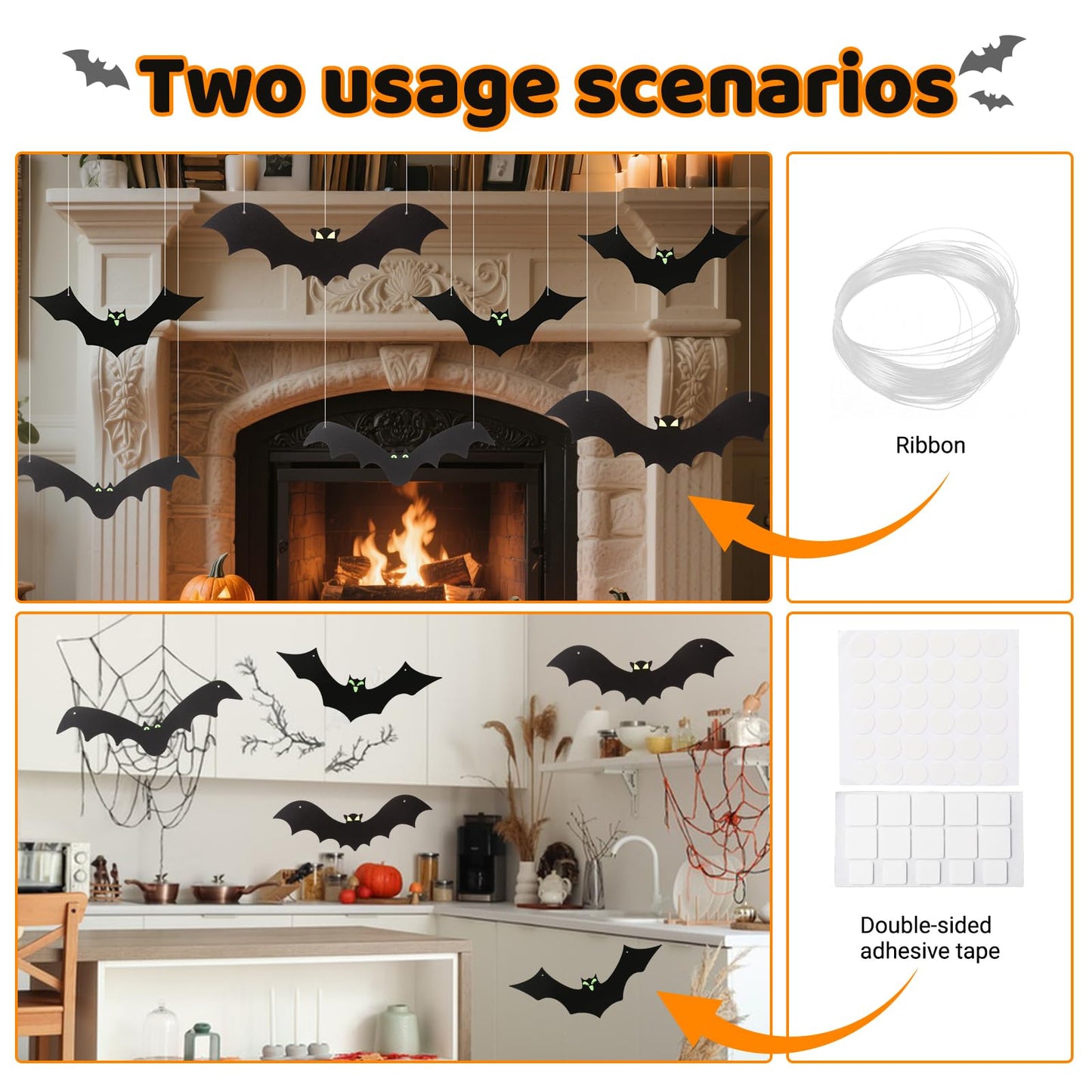 12 Pack Halloween Decorations Hanging Bats - 3 Style Scary Hanging Bat Set with 3D Bats Sticker, Outdoor Scary Flying Bats Set for Yard, Haunted House, Party - Indoor Outdoor Waterproof Decor