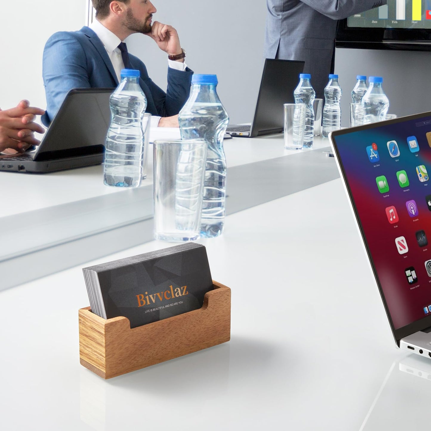 Bivvclaz 2 Pack Business Card Holder Desk, Acacia Wood Business Card Organizer Desktop Business Card Display Stand for Office Tabletop Exhibition, Small Business Essentials