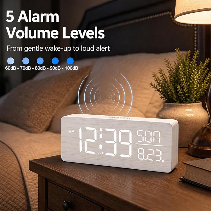 Peakeep Wooden Digital Alarm Clock Large Display, Textured Decoration