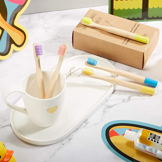10 Piece Kids Bamboo Toothbrush Set - Natural Soft Bristle, Wooden, Toddler to Adult, Organic, BPA-Free, Colorful Travel Pack (Pack of 2)