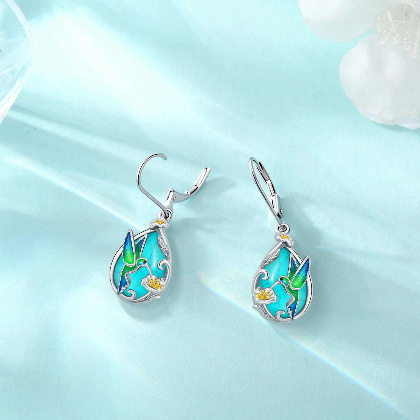 Eusense Turquoise Earrings Sterling Silver Hummingbird Earrings for Women Teardrop Drop Elegant Nature-Inspired Hummingbird Jewelry Gift
