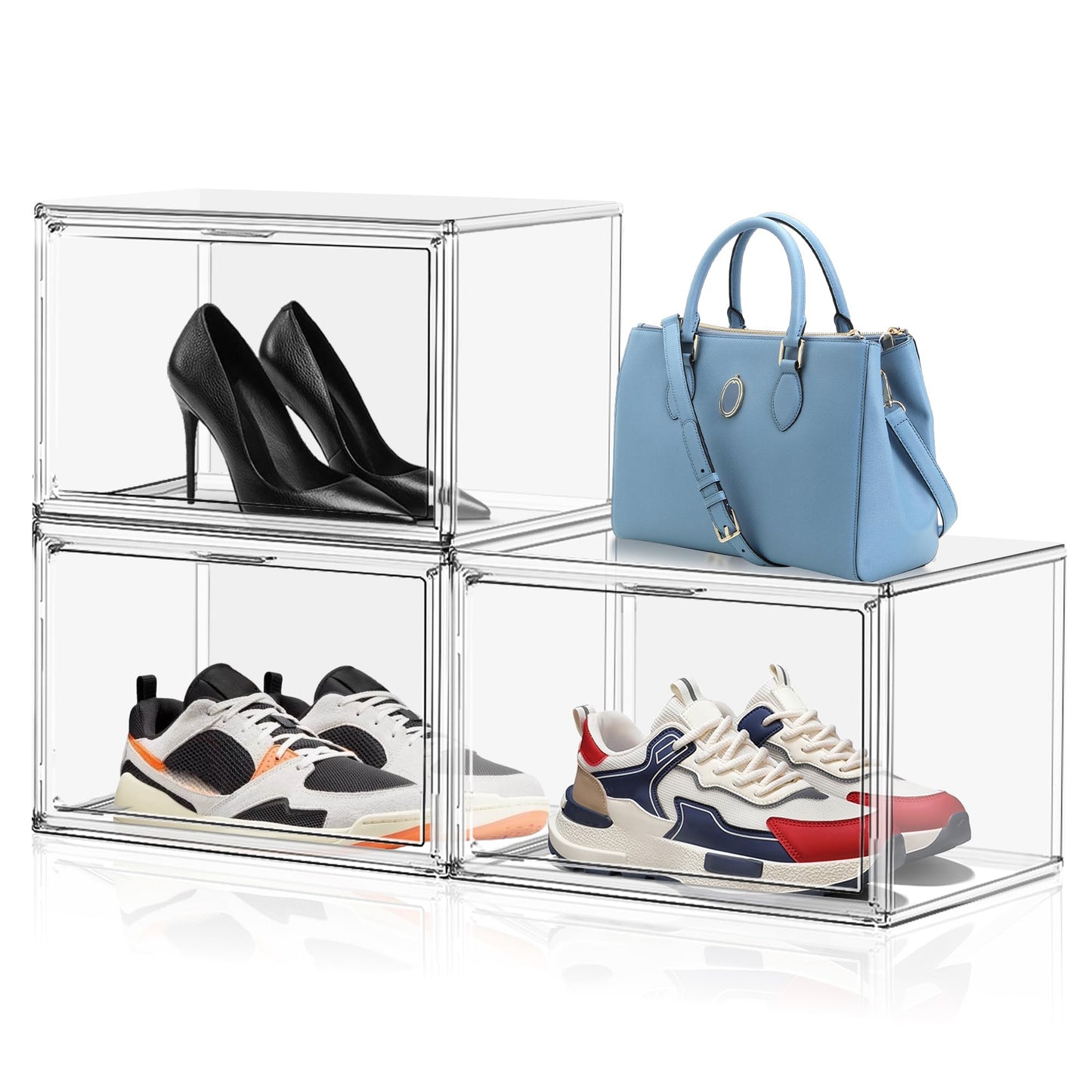 EZJOB 3 Pack X-Large Acrylic Shoe Display Case Size 14 Clear Stackable Handbag Organizer Sneaker Storage Box Shoe Contianers with Magnetic Door Purse Organizer for Closet