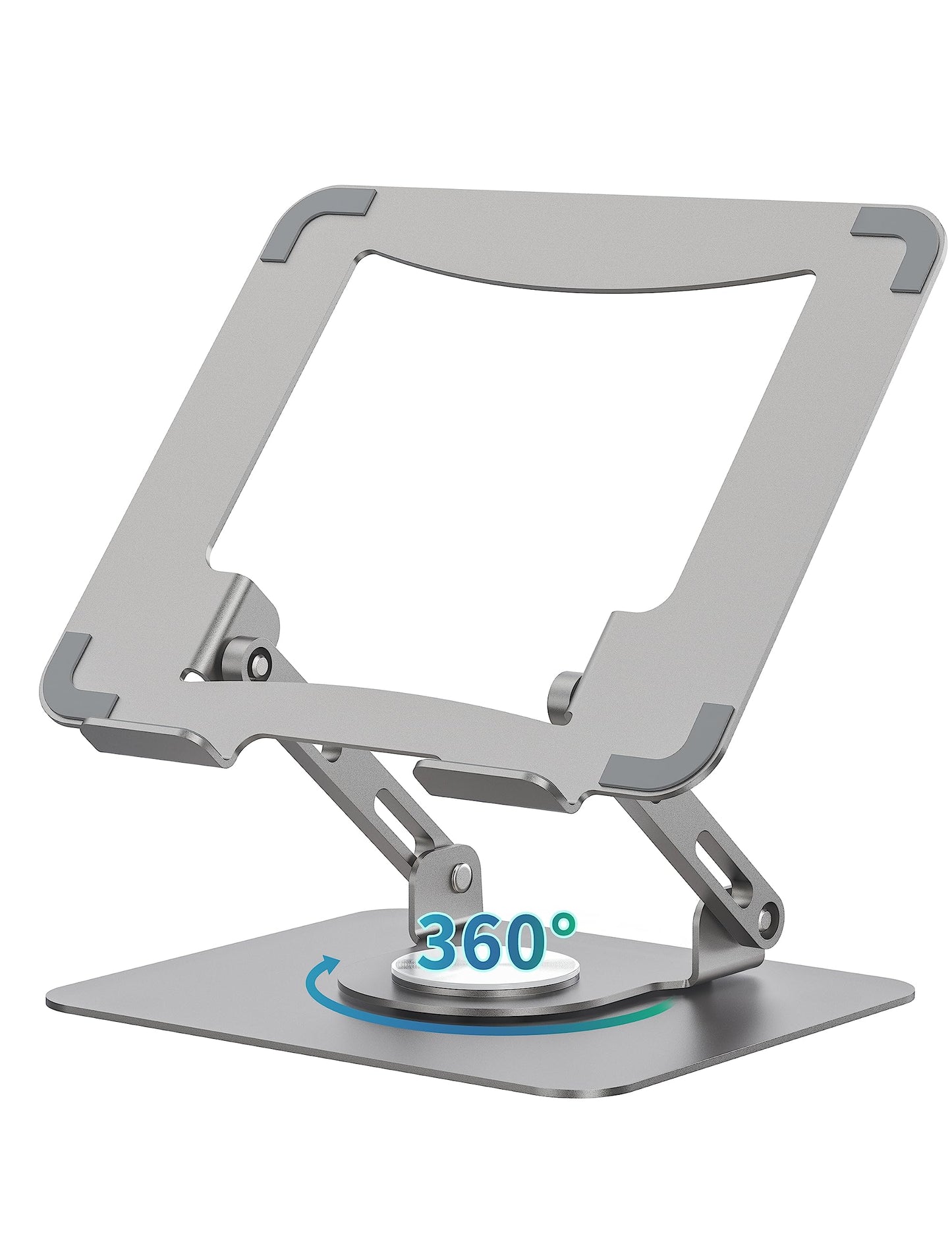SOUNDANCE 360 Rotating Laptop Stand, Ergonomic Computer Riser for Desk, Adjustable Height Multi-Angle Metal Holder, Foldable Portable Notebook Elevating Base for Office & Home, Silver Grey