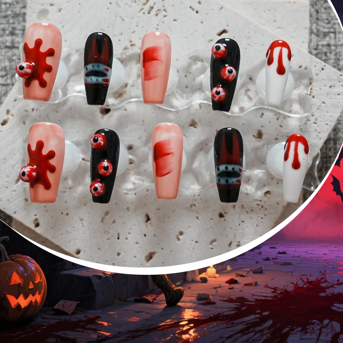 Tesytto Handmade Press on Nails Long Coffin - 3D Eyeballs with Red Drops Design, Multi-Layer Gel Acrylic Nails for Parties, Halloween (Vampire Eyes,M)