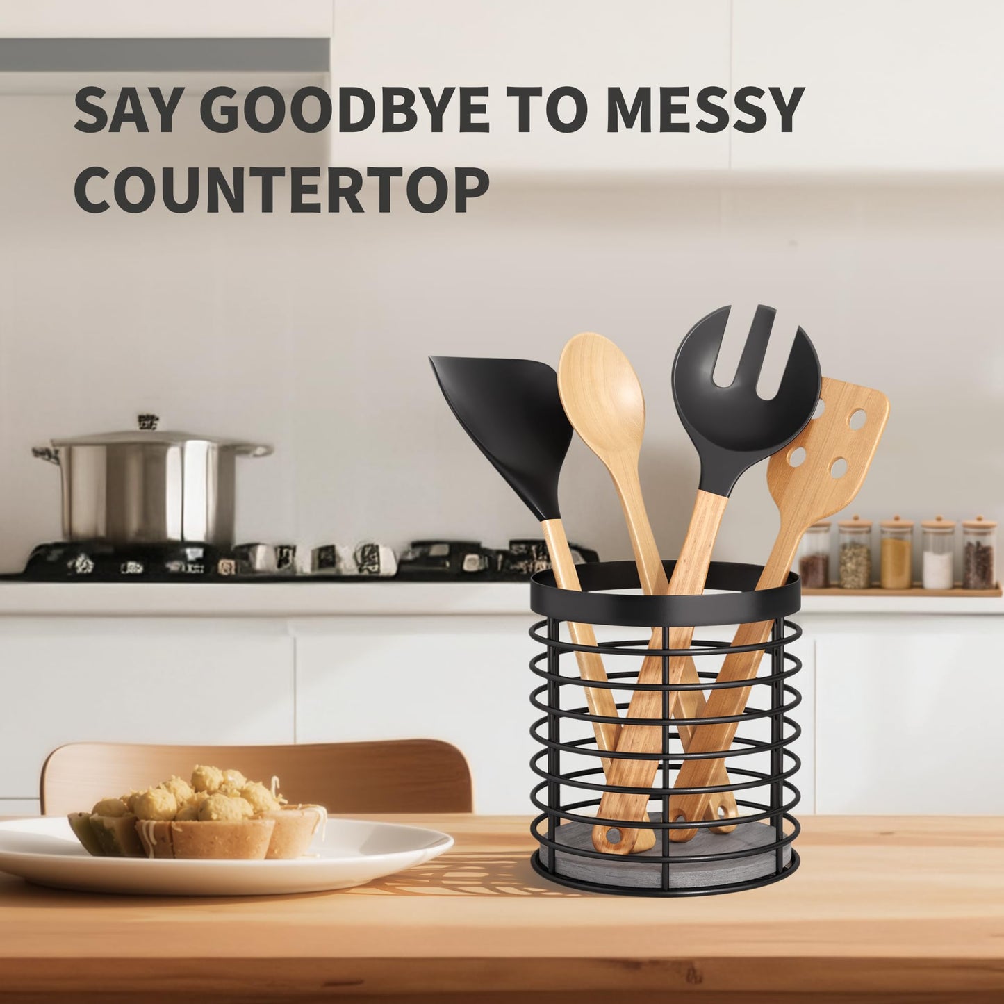 DTONIMA Utensil holder - Large Round Utensils Holder with Diatomaceous Base Matte Black Cooking Utensil Holder,Kitchen countertop Utensil Organizer (Metal)