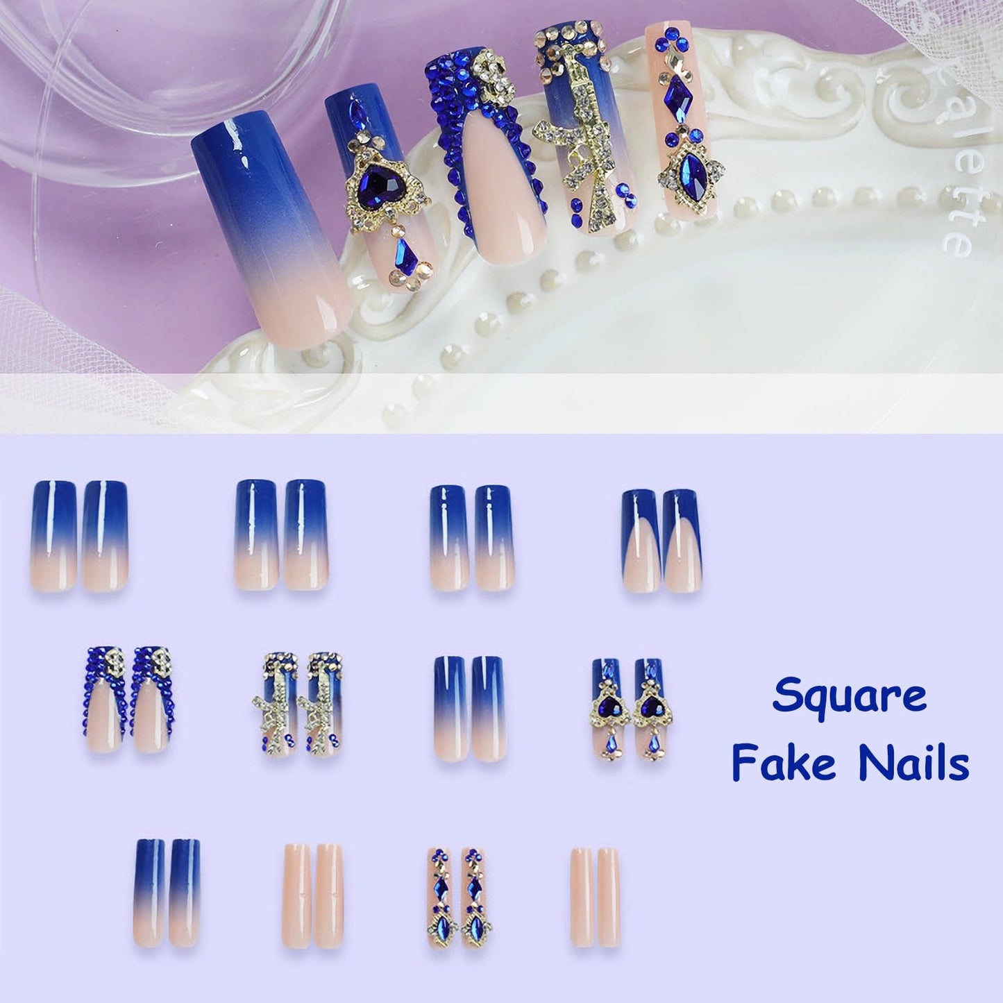 MISUD Press on Nails - Long Square Glue on Nails with Royal Blue, Acrylic Y2K Gun Rhinestone Design 24 pcs
