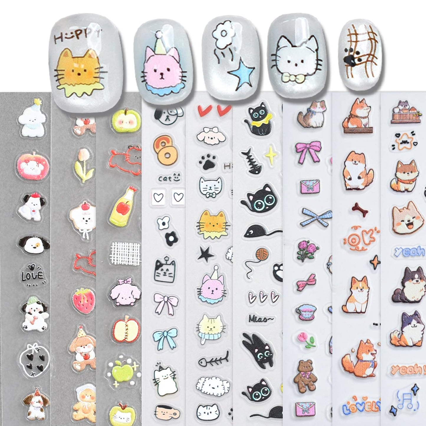 6 Sheets Cute Cat Dog Nail Stickers for Nail Art Adorable Kitty Bow Designs 3D Embossed Self Adhesive Nail Decals for Women DIY Manicure Decoration YX1234