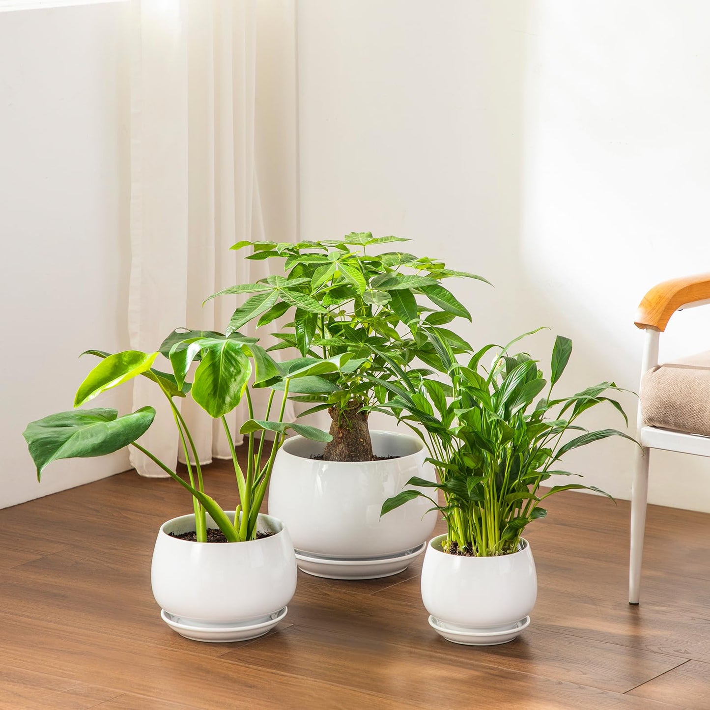 vancasso 3-Pack Ceramic Plant Pots, 7.3/9.6/11.6 Inch Indoor Planters with Saucers & Drainage Hole Planter pots for Indoor Plants and Flower, White